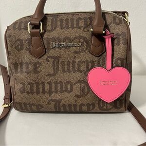 Juicy Couture Purse Satchel Barrel Crossbody Handbag All Over Print Brown EUC
